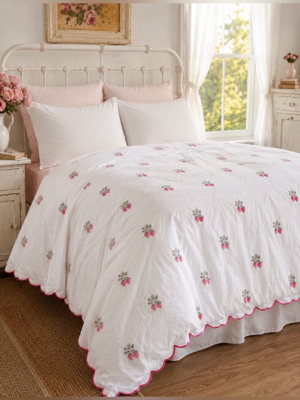 Rachel Ashwell Strawberry Comforter Queen Shabby Chic Cottagecore Scalloped Edge